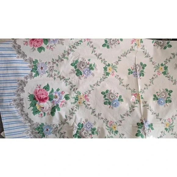 Vintage Floral Trellis Fabric Blue Stripe Border Pink Roses Cotton 132"x53" - Picture 6 of 11